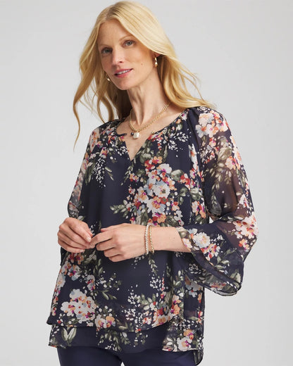 Chico's | Floral Georgette Blouse/ Passport Blue