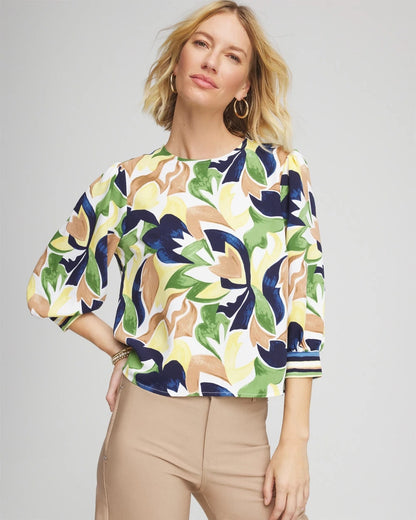 Chico's | Mod Blooms Matte Satin Pullover/ Panna Cotta