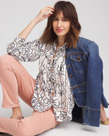 Chico's | Faux Silk Floral Collared Shirt/ French Blush