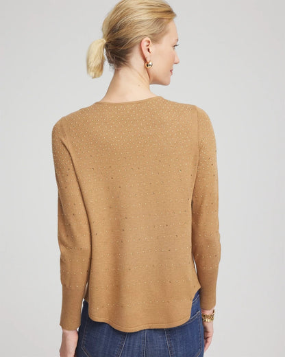 Chico's | Ella V-Neck Embellished Pullover Sweater/ Faux Camel Heather