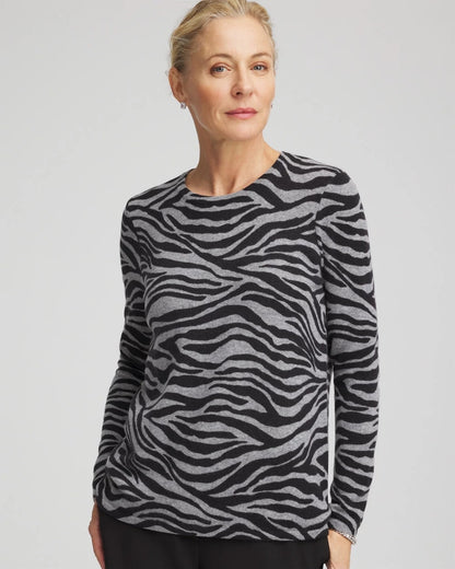 Chico's | Cashmere Zebra Long-Sleeve Pullover Sweater/ Black