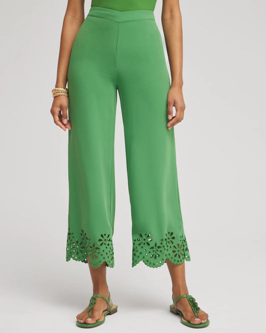 Chico's | Petite Satin Eyelet Hem Culottes/ Verdant Green