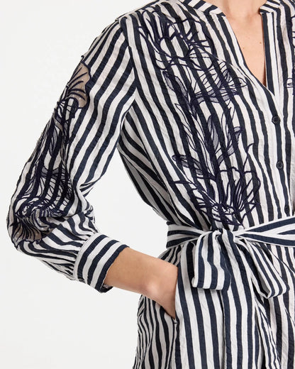 Chico's | Embroidered Striped Dress/ Navy