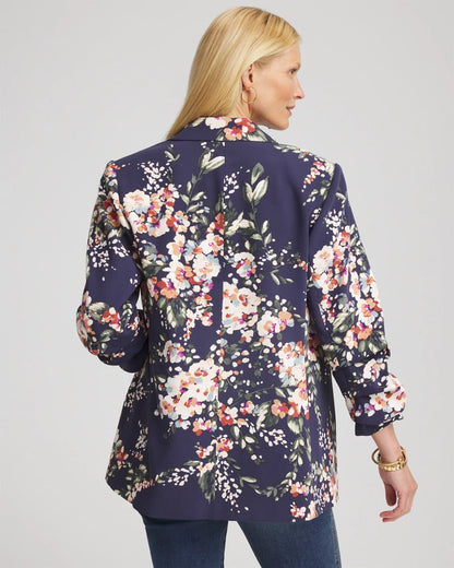 Chico's | Floral Ruched Sleeve Blazer/ Passport Blue